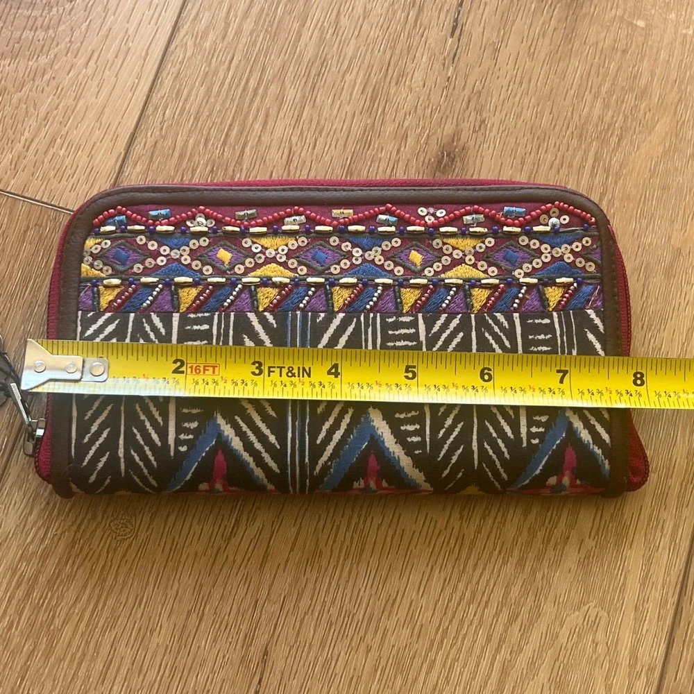 Pier 1 Imports Beaded Embroidered Zip Around Wallet Boho Ikat Geometric Pink NWT